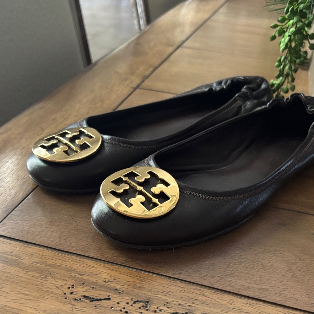 Tory Burch Dark Brown Signature Ballet Flats with Gold Emblem - Picture 3 of 8